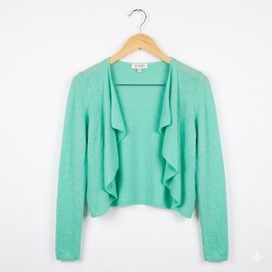 MSRP $325 Kinross 100% Cashmere Ruffle Trim Cardigan Celadon Green Medium